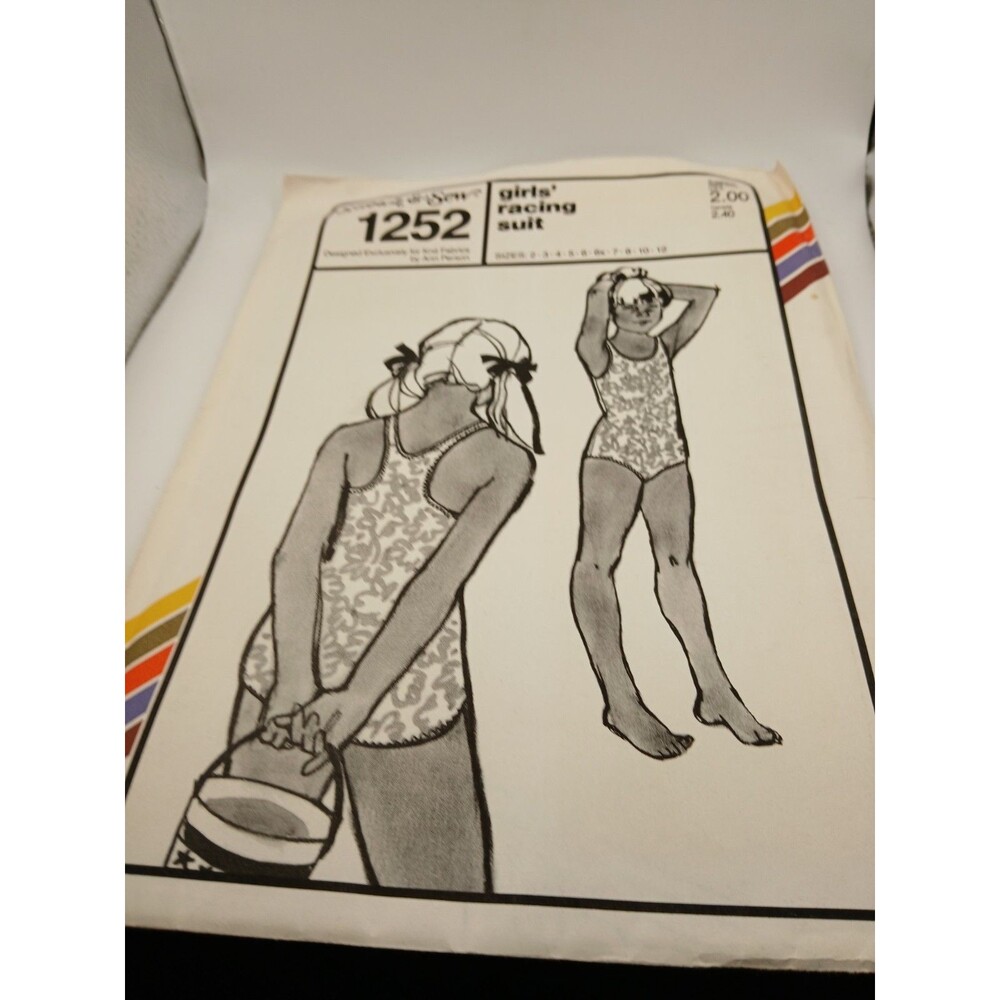 Vtg Stretch & Sew Girls' 1 Piece Swimsuits Pattern #1252 Sizes 2-4-6-7-8-10-12